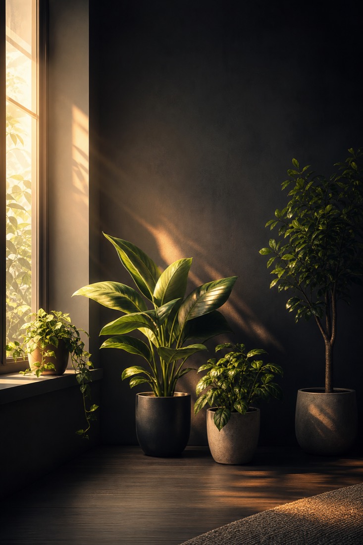 Leafy green houseplants beside a window in a calm dark room with soft amber morning light