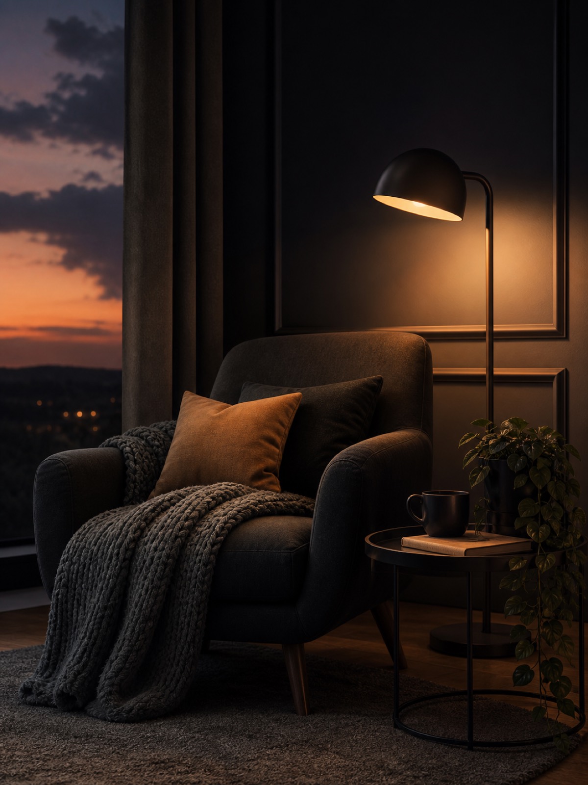 A cozy modern living-room corner at dusk — a soft armchair with a knit throw and amber cushion under a warm glowing lamp, a mug and book on a side table, and a trailing plant
