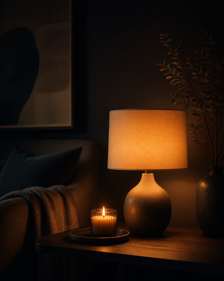 A warm glowing table lamp and a lit candle casting soft amber light in a calm dark room