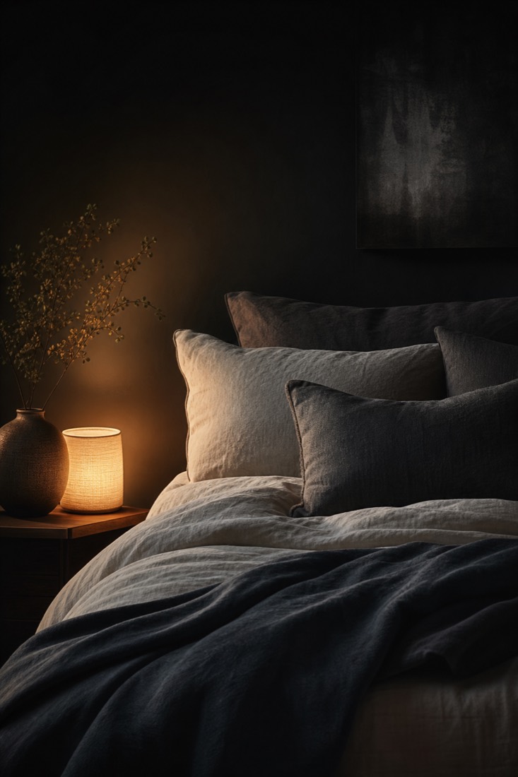 Neatly layered soft bedding and linen pillows with a warm bedside glow
