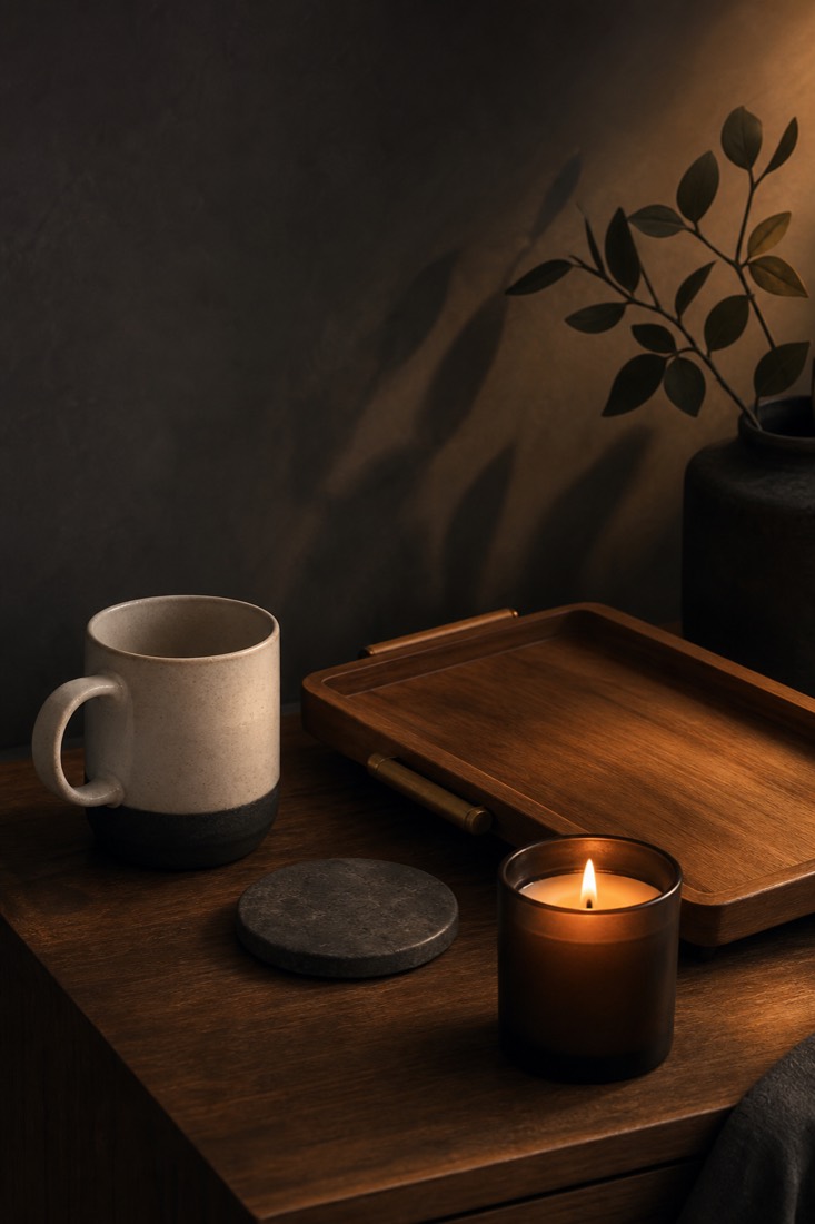 A warm still life of home objects — a ceramic mug, a wooden tray, a candle and a coaster