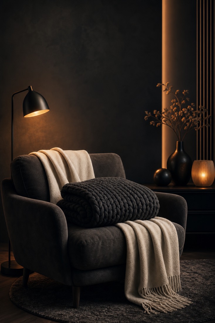 A folded chunky knit blanket and throw over an armchair in a warm amber ambiance