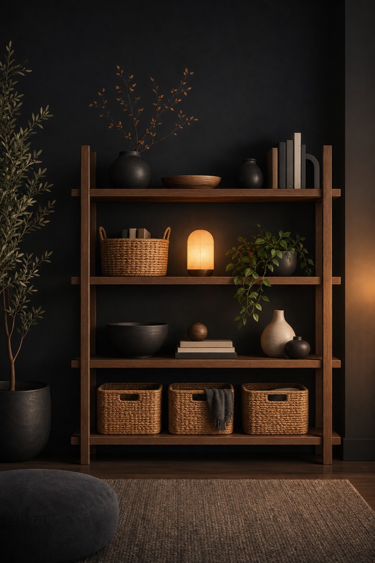 A tidy wooden shelf with woven storage baskets and neatly arranged home objects